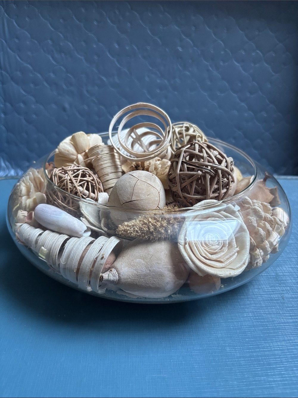 Decorative Natural  Bowl - dried materials like rattan and wood flowers.shells
